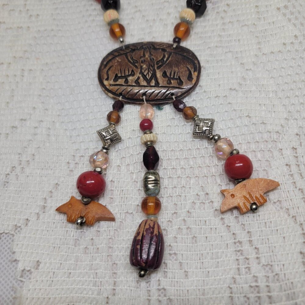 Vintage Multi‑Strand Beaded Necklace Stone Carved Pendant Wood Beads 17" - Picture 5 of 12